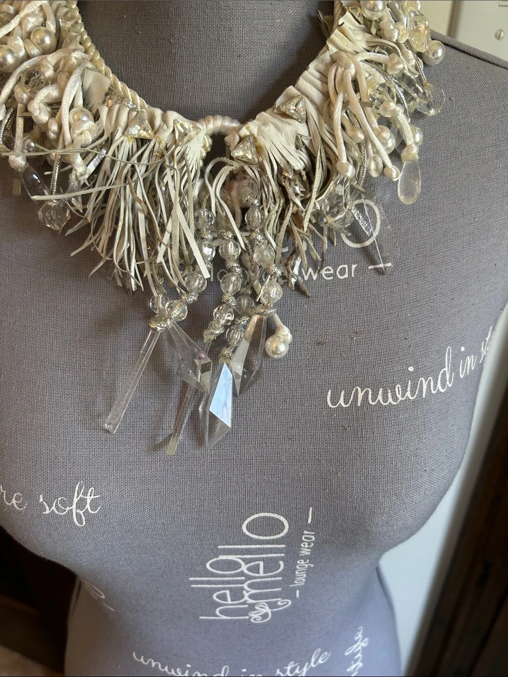 Beaded Fringe Statement Necklace in Ivory and Clear